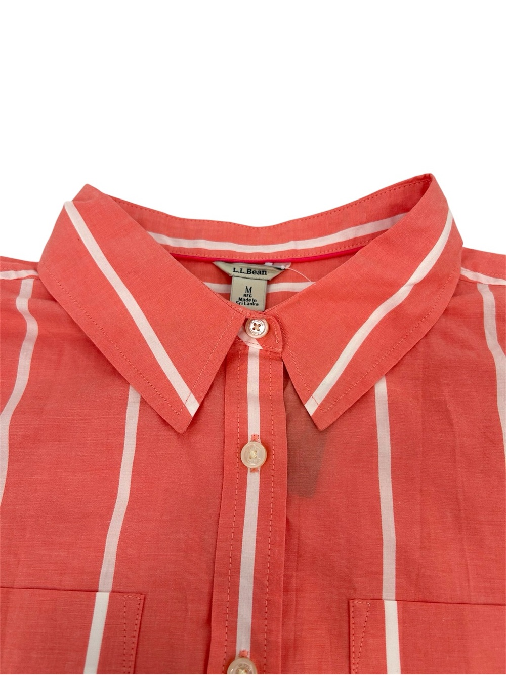 NWT L.L.Bean Essential Cotton Poplin Short Sleeve Shirt in Hot Coral Stripe READ - Picture 3 of 12